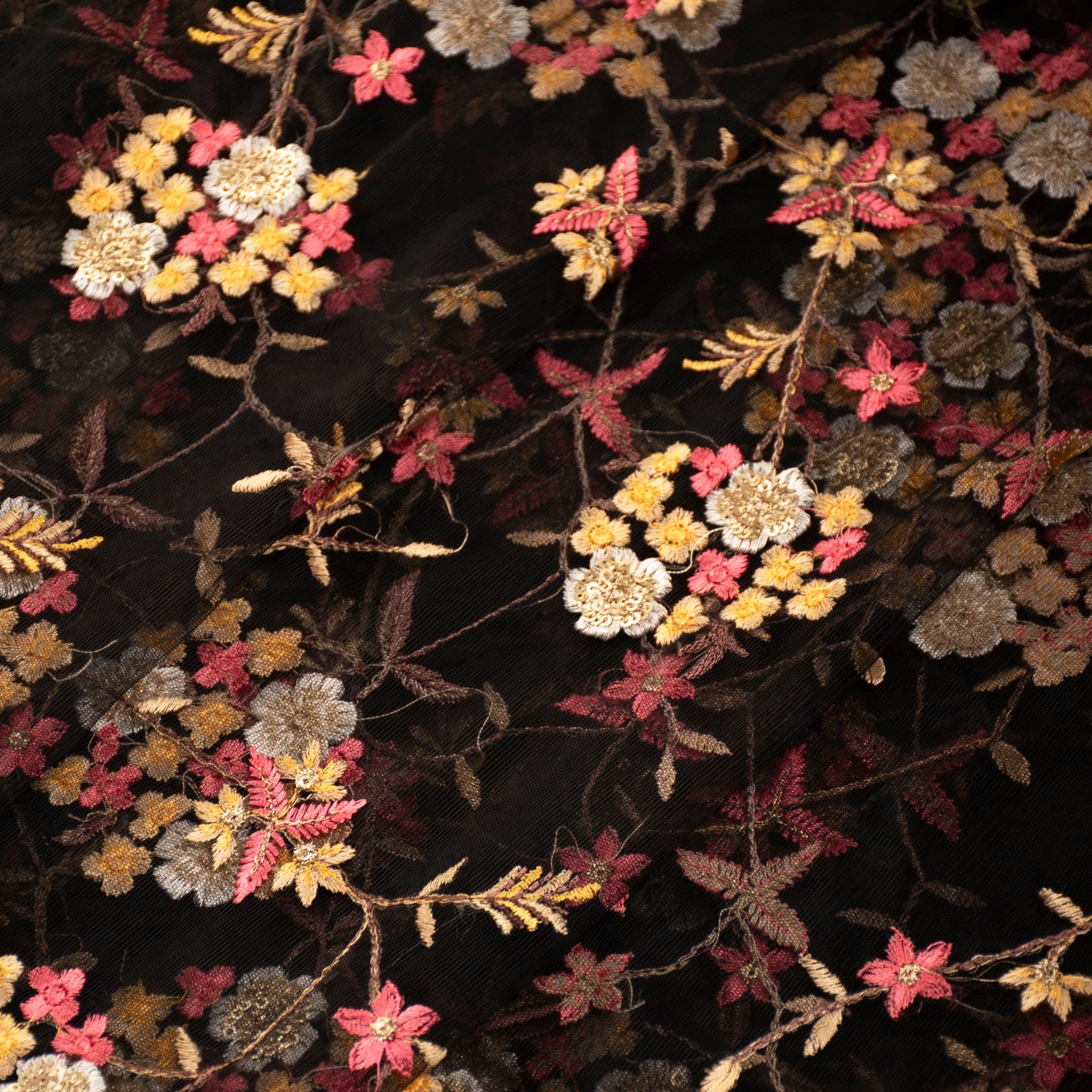 Black Embroidered Floral Net Fabric (1 Mtr)