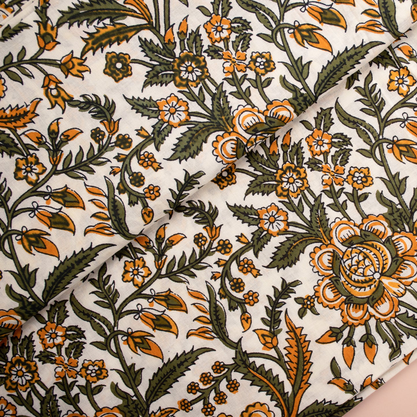 White and Green Floral Cotton Fabric