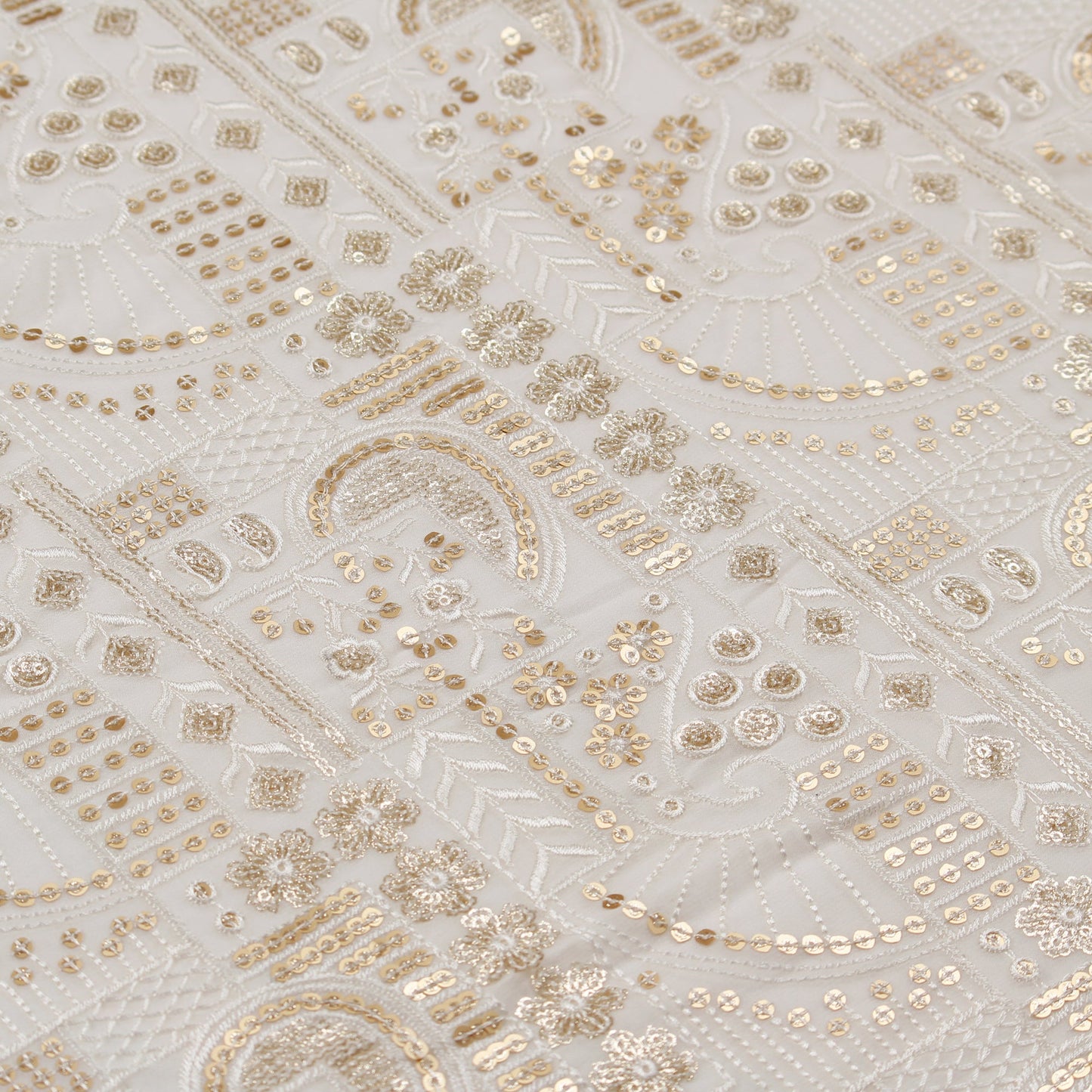 White and Gold Dyeable Embroidered Georgette Fabric (1 Mtr)