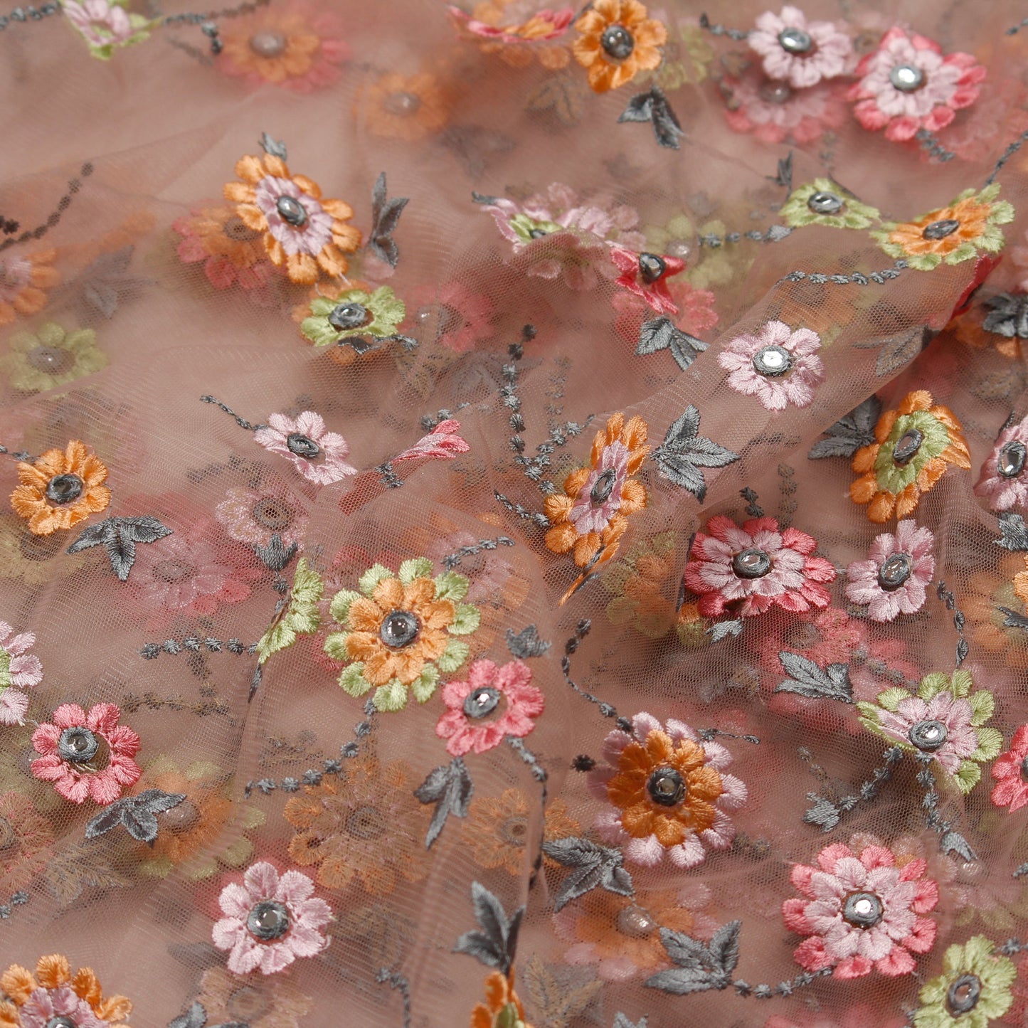 Blush Pink Embroidered Floral Net Fabric (1 Mtr)