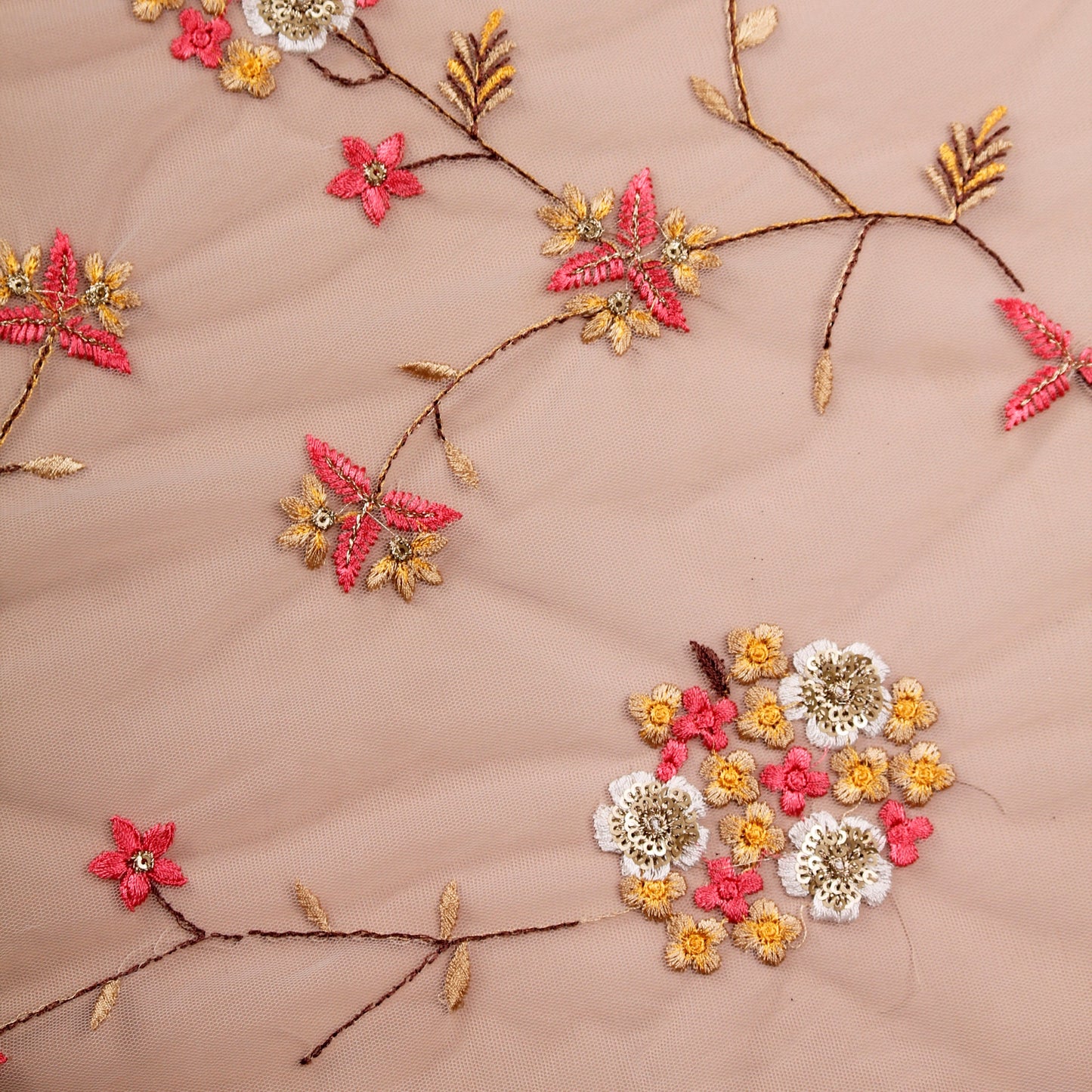 White Embroidered Floral Net Fabric (1 Mtr)