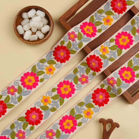 Beige and Pink Floral Jacquard Trim (1 Mtr)