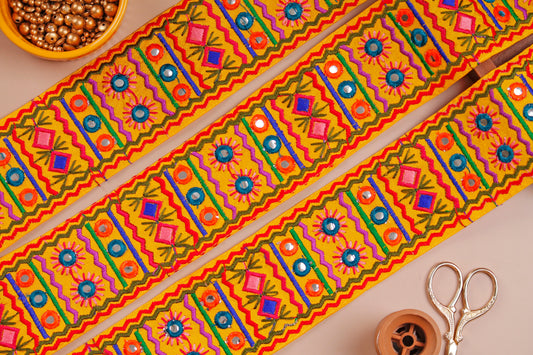 Yellow Embroidered Kutchi Trim with Sequins (1 Mtr)