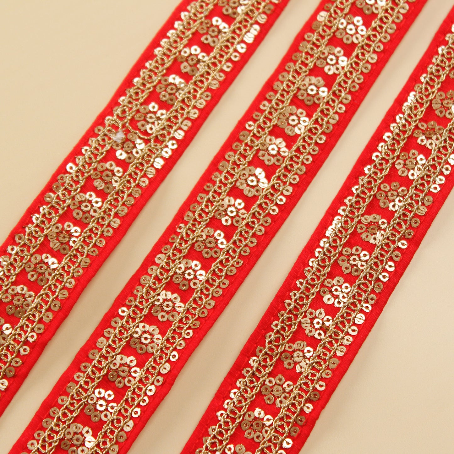 Red Embroidered Sequin Trim (9 Mtrs)