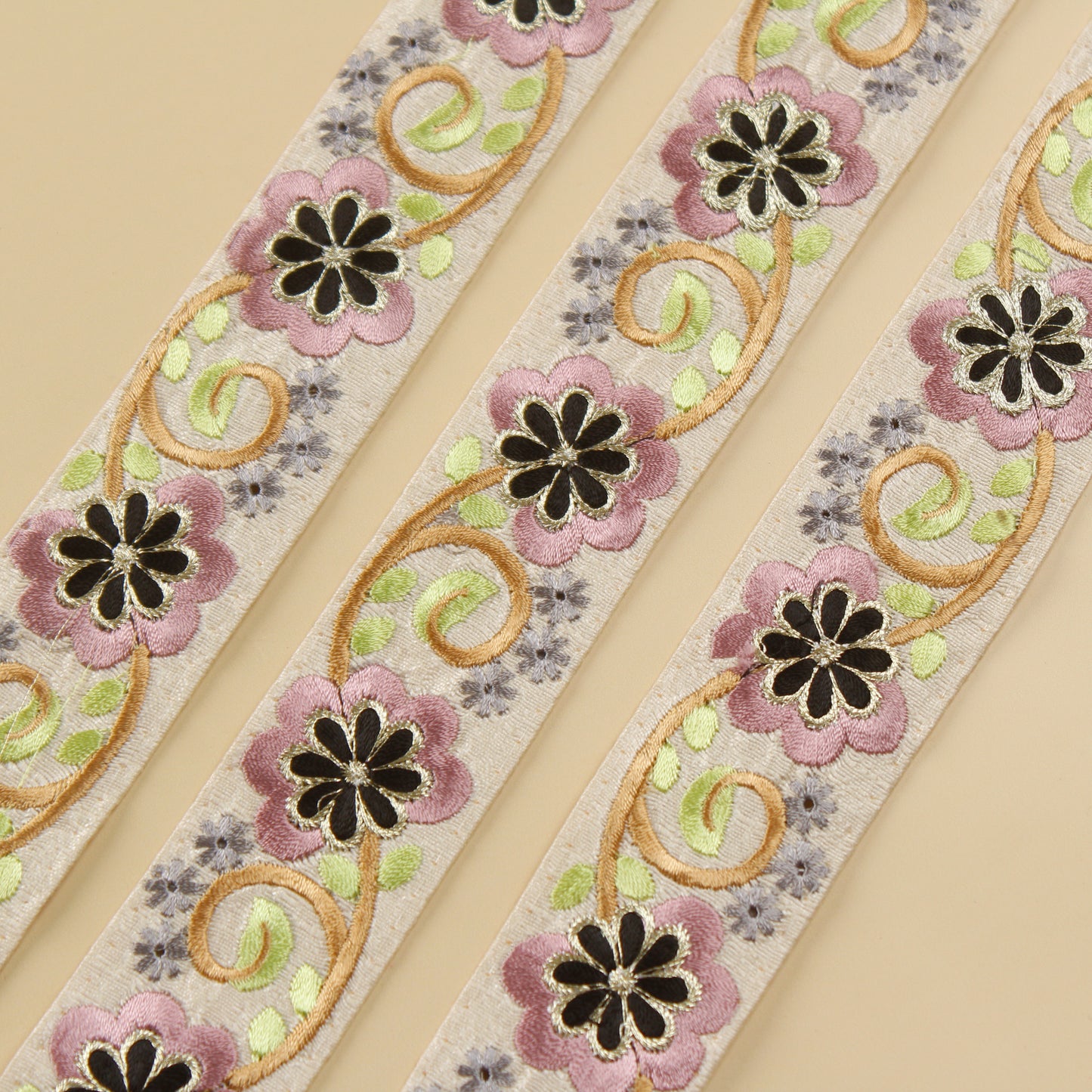 Beige Floral Embroidered Trim (9 Mtrs)