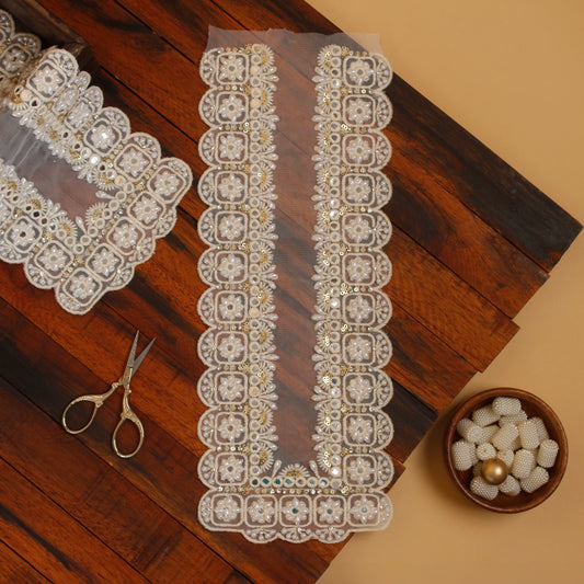 Scalloped Chikankari Neckline Applique with Pearls