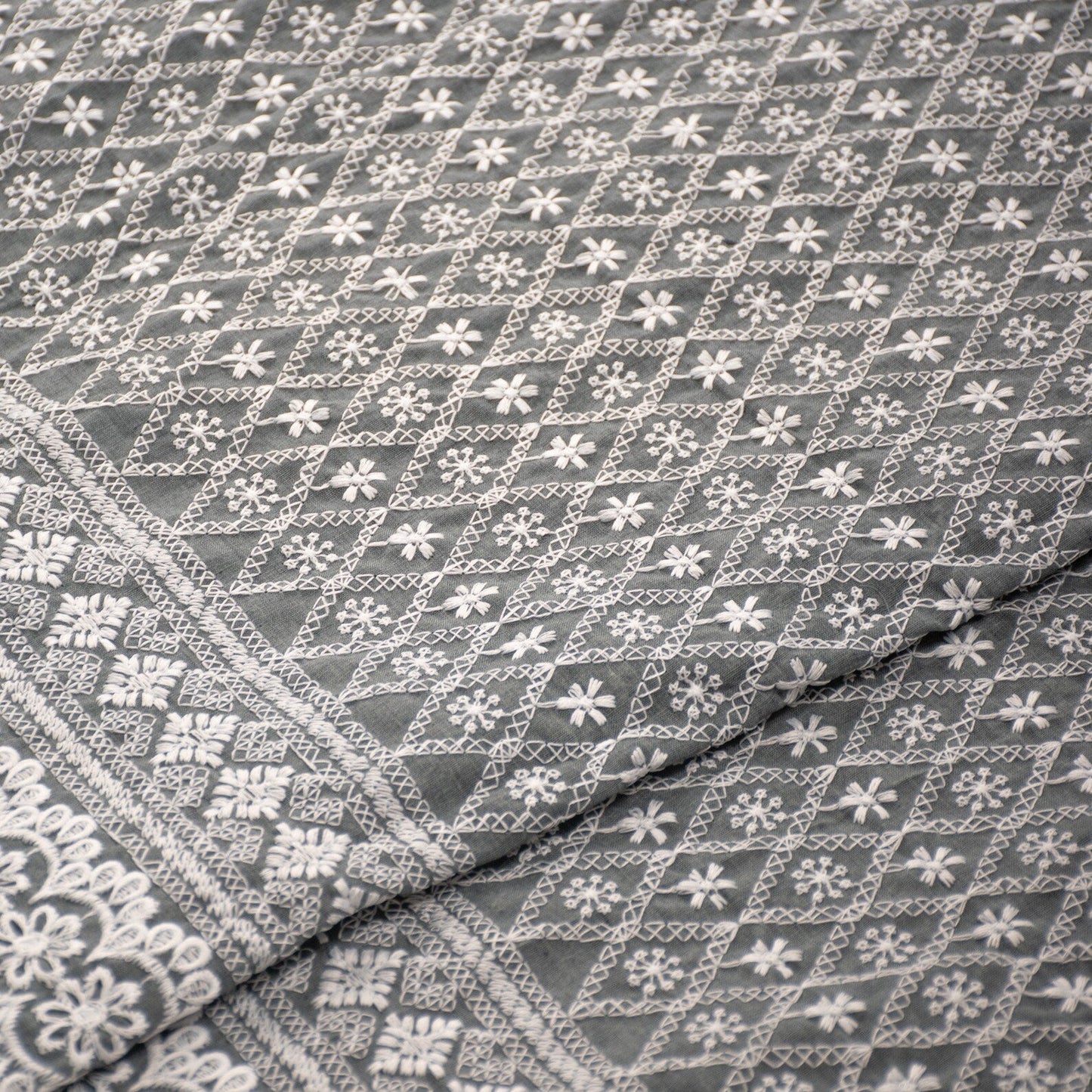 Grey Schiffli Embroidery Cotton Fabric (1 Mtr)