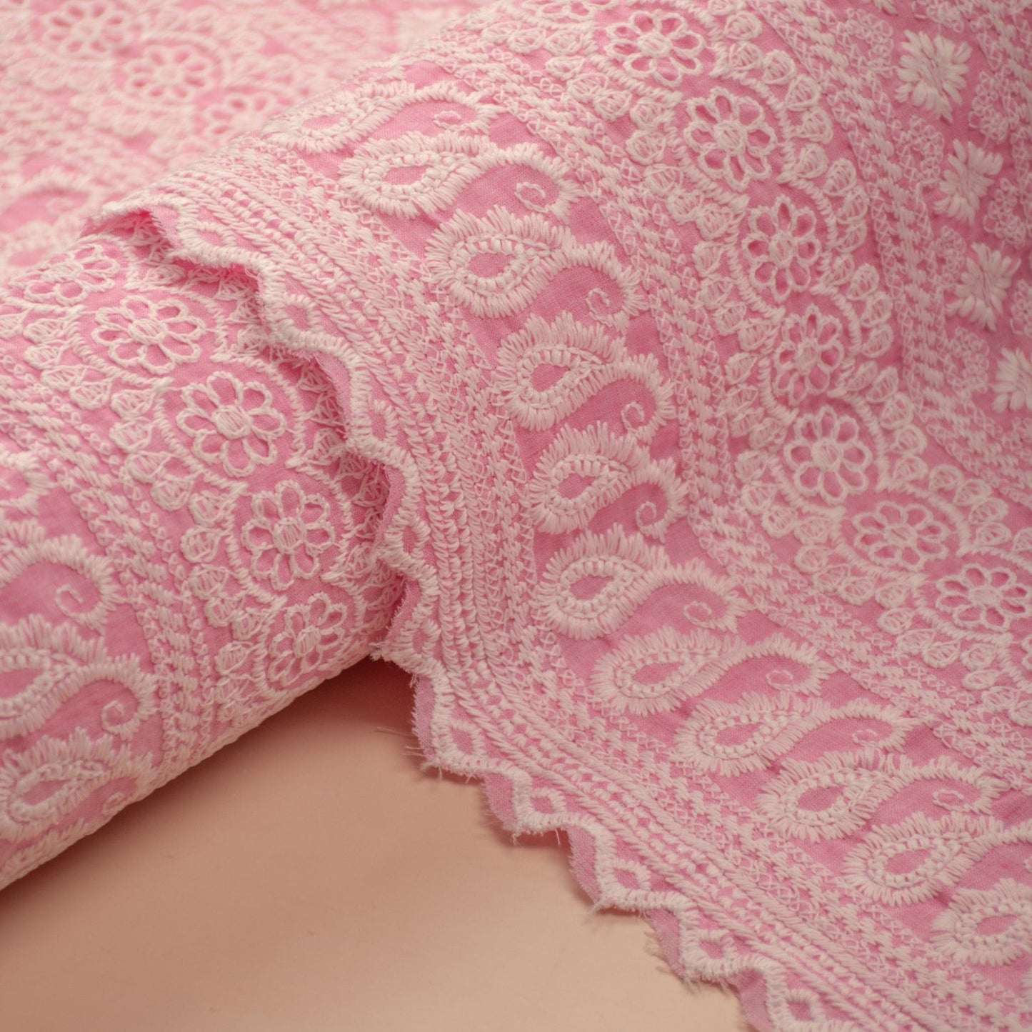 Pink Schiffli Embroidery Cotton Fabric (1 Mtr)