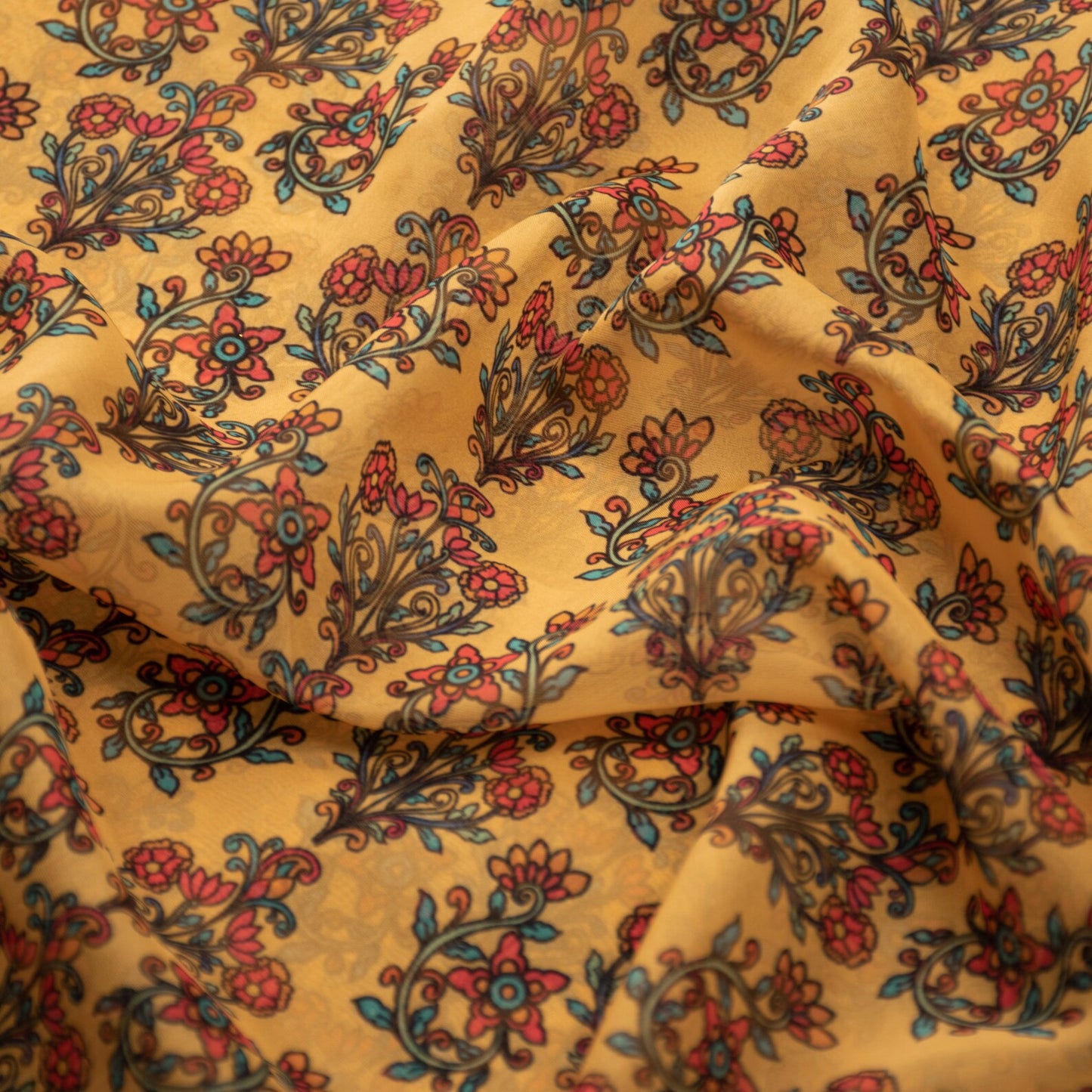 Mustard Yellow Kalamkari Print Organza Fabric (1 Mtr)