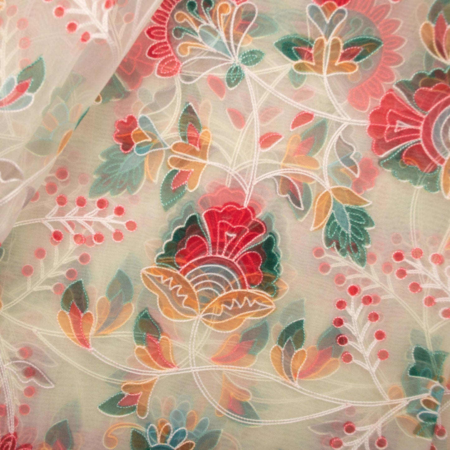 Green Embroidered Hand Painted Organza Fabric