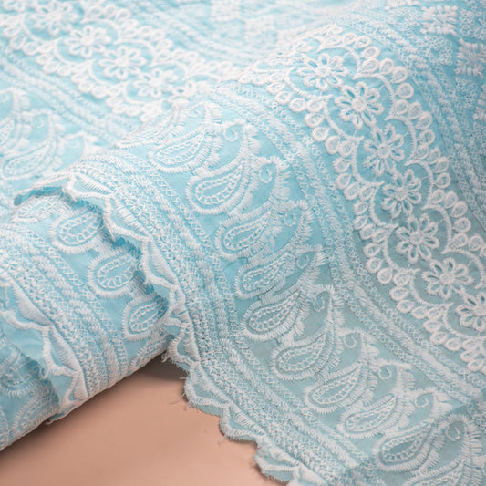 Mint Blue Schiffli Embroidery Cotton Fabric (1 Mtr)
