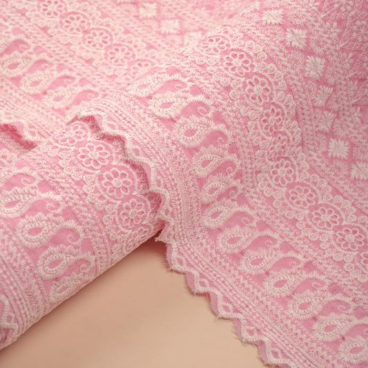 Pink Schiffli Embroidery Cotton Fabric (1 Mtr)