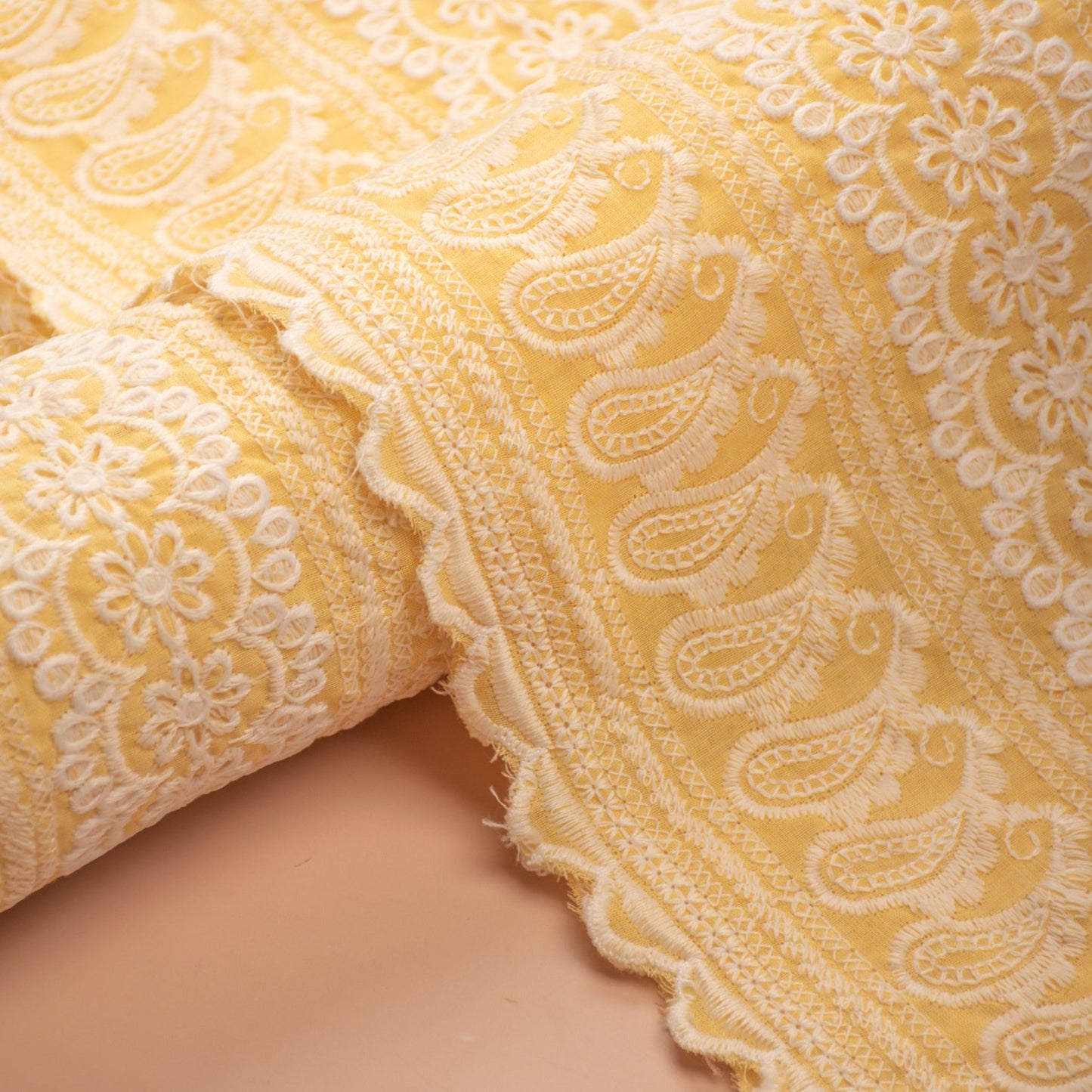 Yellow Schiffli Embroidery Cotton Fabric