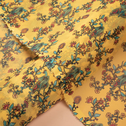 Yellow Kalamkari Print Organza Fabric (1 Mtr)