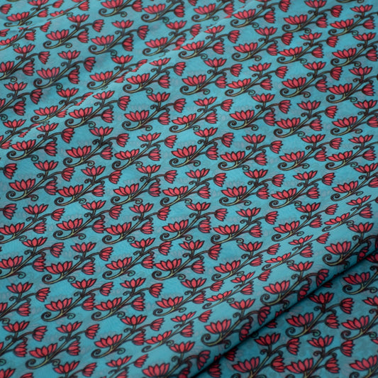Blue and Pink Kalamkari Print Organza Fabric (1 Mtr)