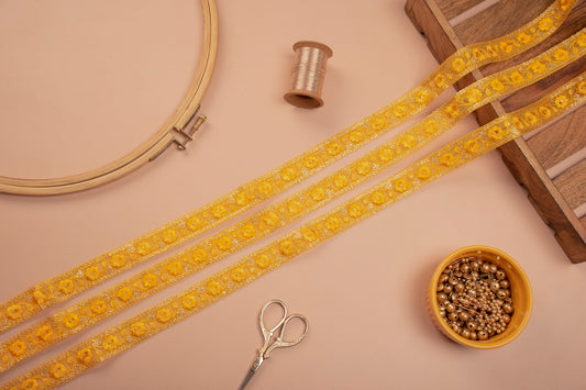 Yellow Embroidered Net Trim with Sequins (1 Mtr)