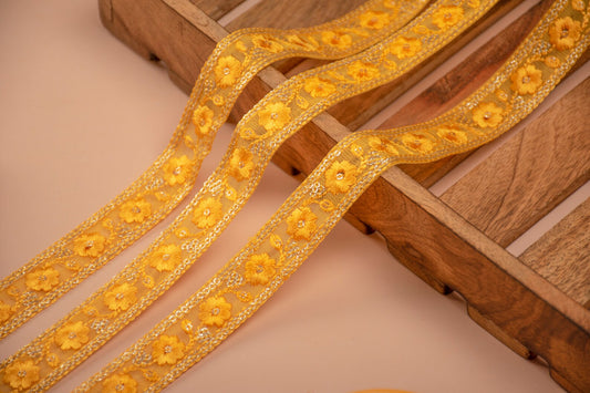 Yellow Embroidered Net Trim with Sequins (9 Mtrs)
