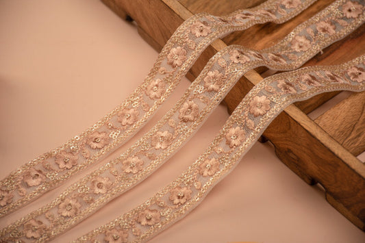 Beige Embroidered Net Trim with Sequins (9 Mtrs)