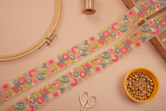 Beige and Pink Embroidered Floral Trim (1 Mtr)
