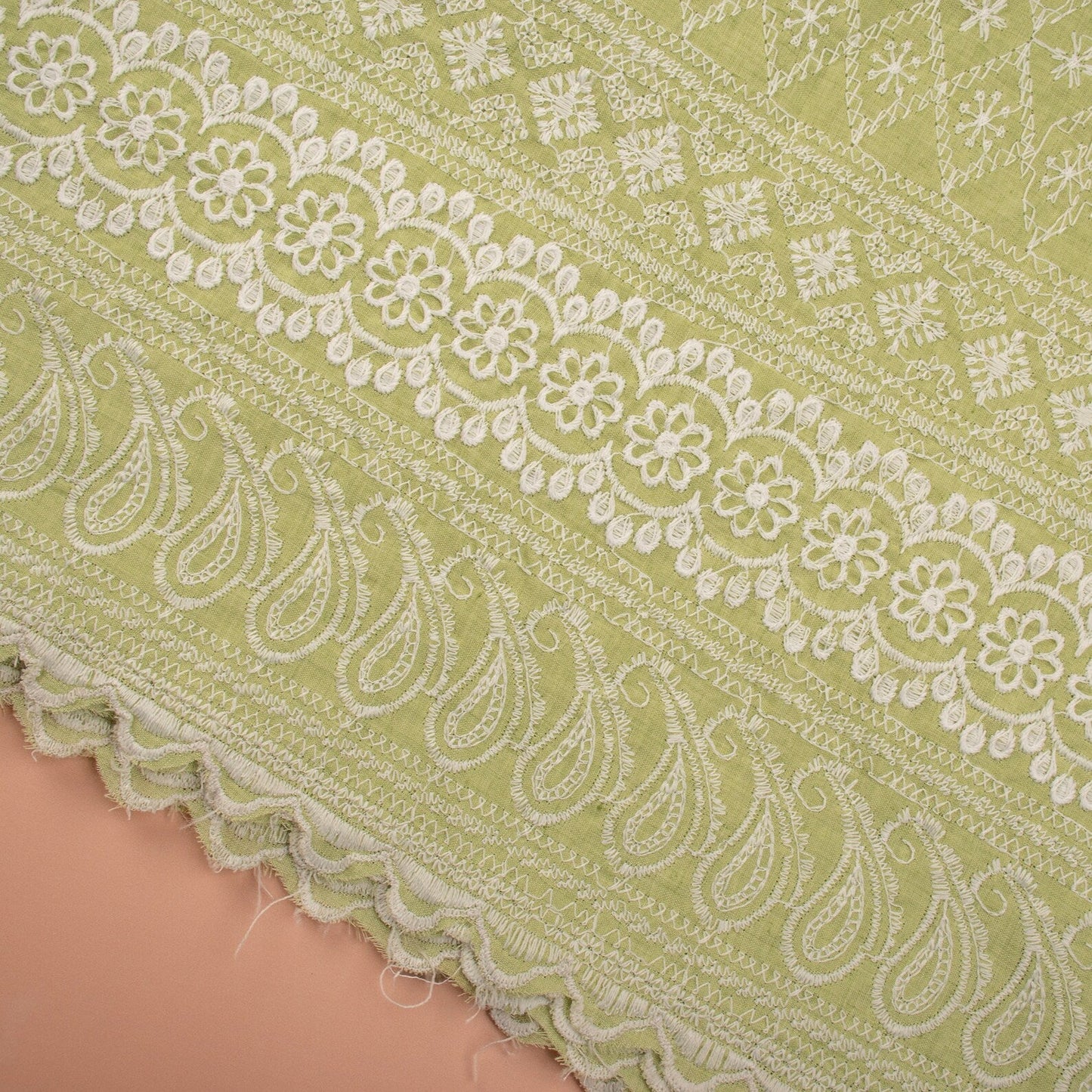 Green Schiffli Embroidery Cotton Fabric (1 Mtr)