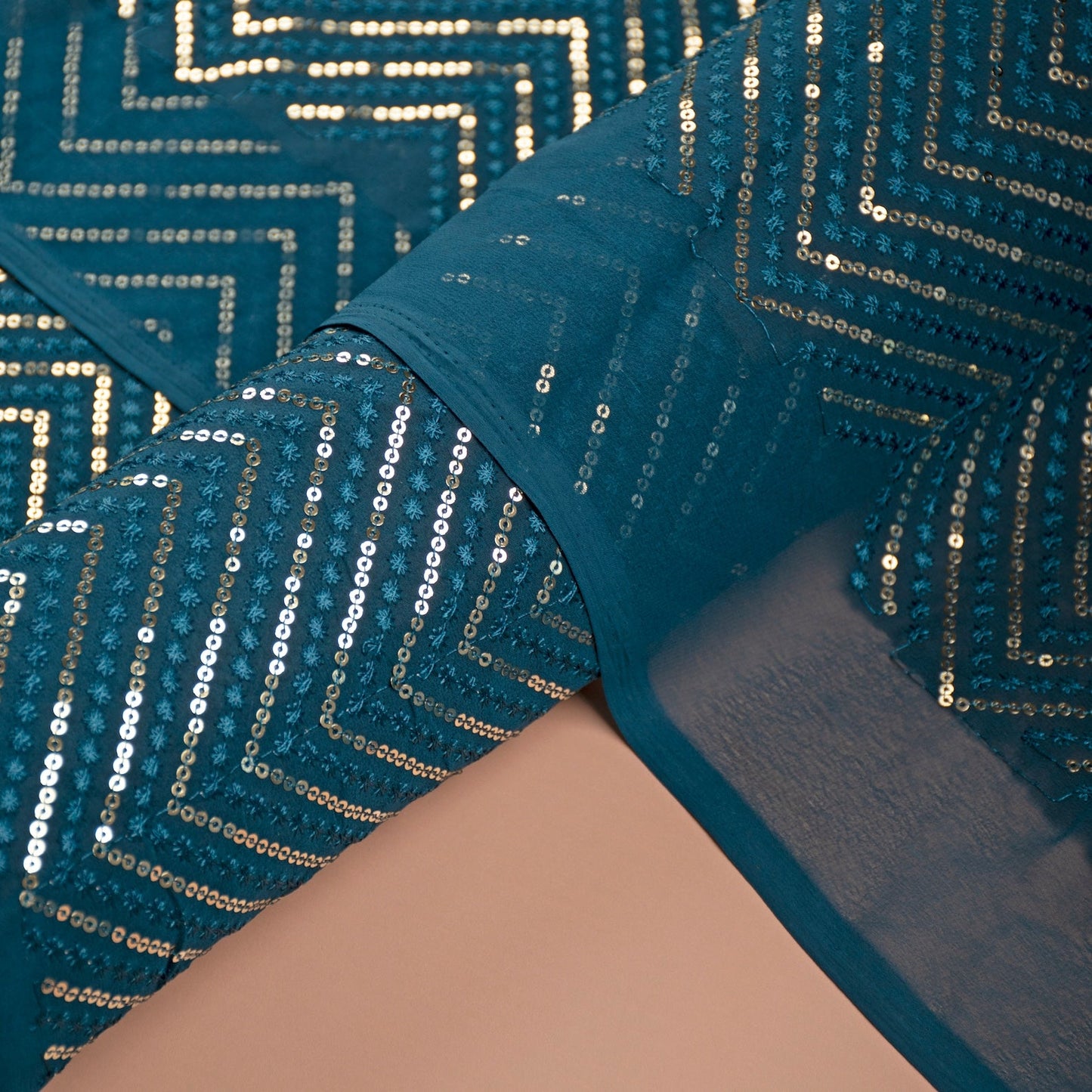 Teal Blue Embroidered Georgette Fabric with Sequins (1 Mtr)