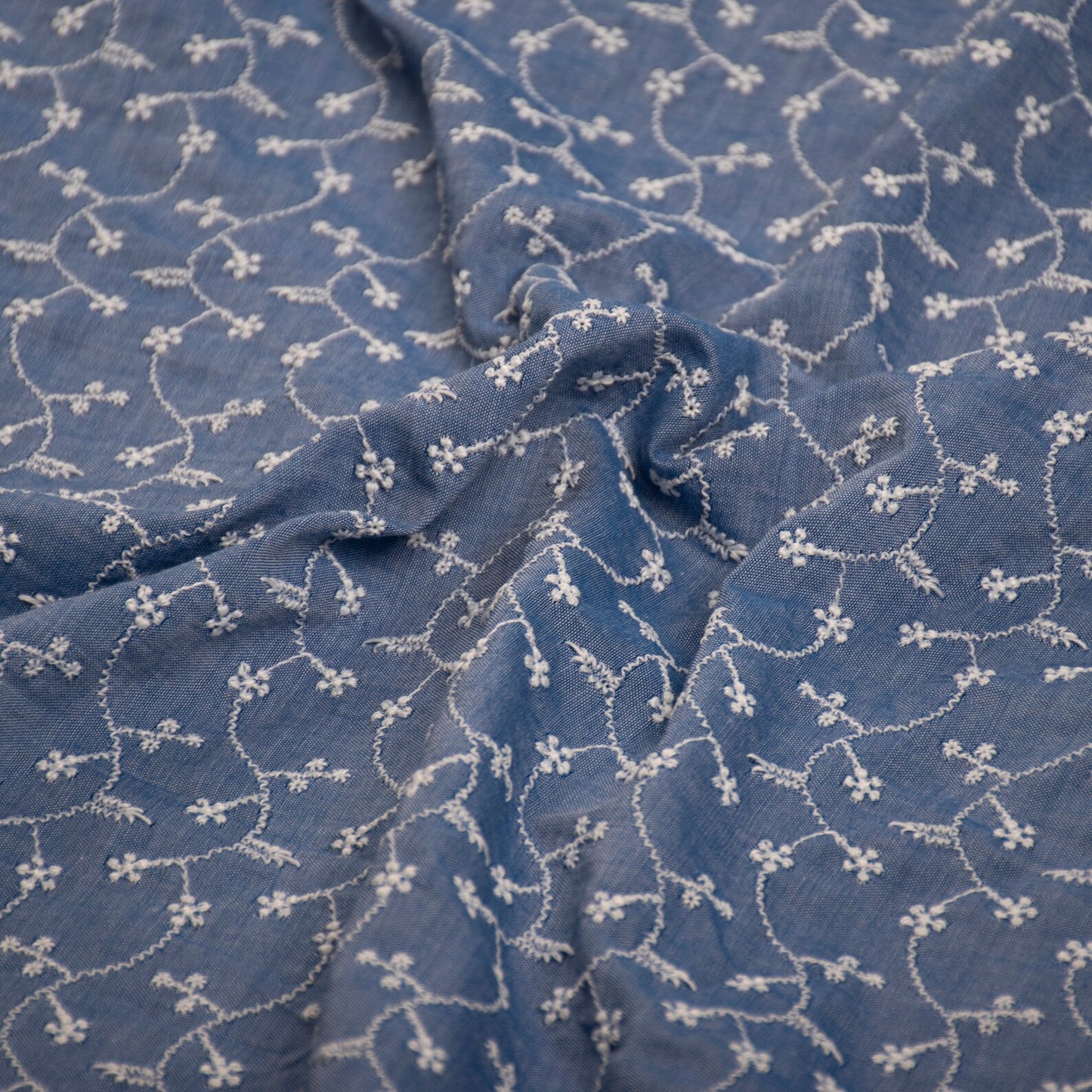 Blue and White Schiffli Embroidery Cotton Fabric