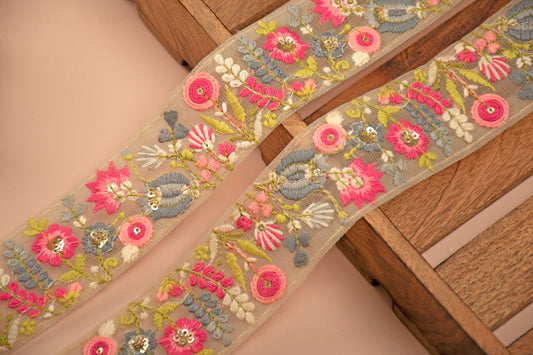 Beige and Pink Embroidered Floral Trim (9 Mtrs)