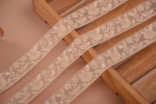 Beige Embroidered Floral Net Trim (9 Mtrs)