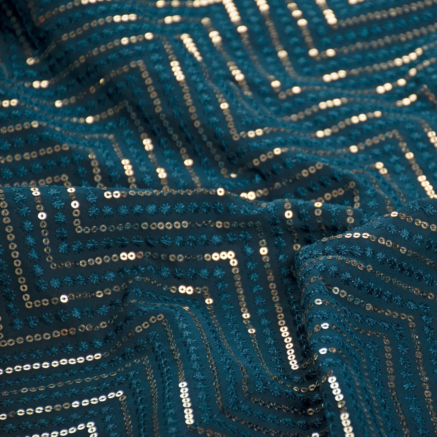 Teal Blue Embroidered Georgette Fabric with Sequins (1 Mtr)
