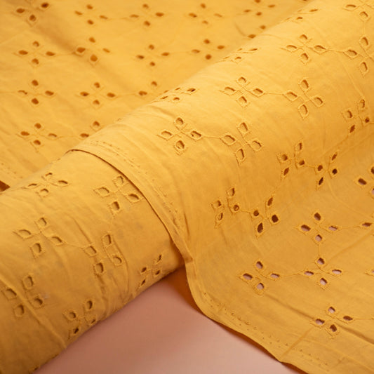 Mustard Yellow Hakoba Cotton Schiffli Embroidery Eyelet Fabric