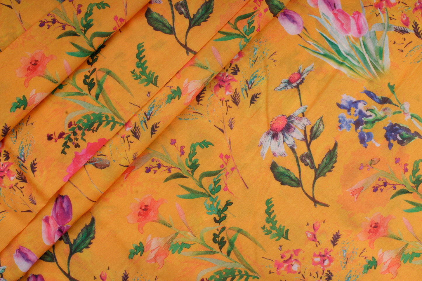 Marigold Yellow Muslin Silk Fabric with Tropical Floral Print (1 Mtr)