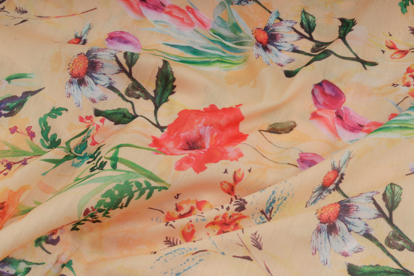 Pale Yellow Muslin Silk Fabric with Tropical Floral Print (1 Mtr)