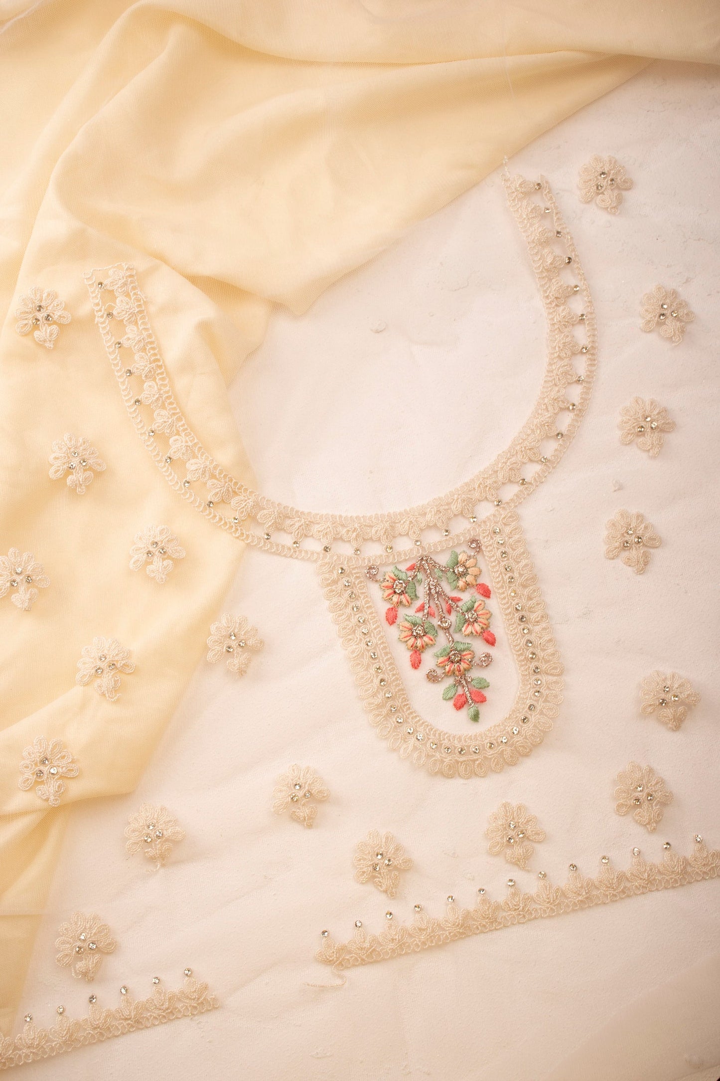 Cream Embroidered Unstitched Lehenga Set