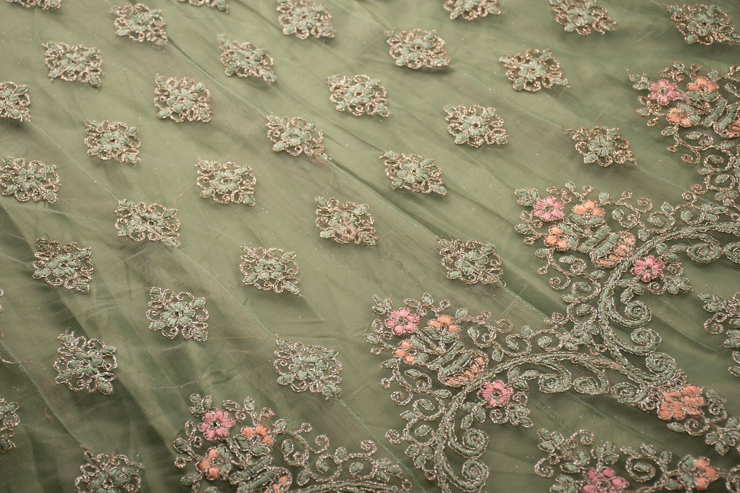 Green Embroidered Unstitched Lehenga Set