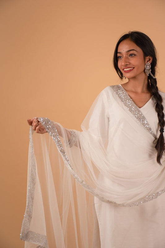 White and Silver Sequin Dyeable Net Dupatta