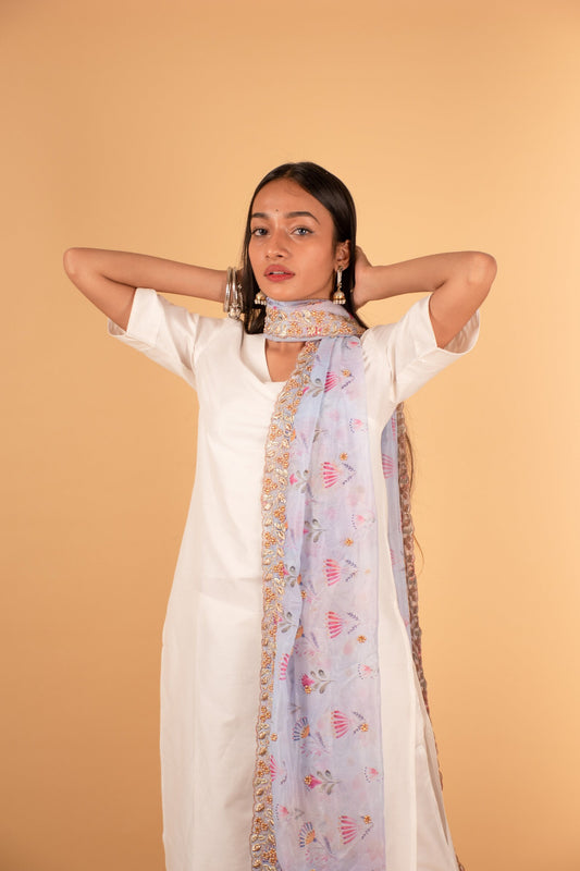 Periwinkle Blue Floral Embroidered Dupatta