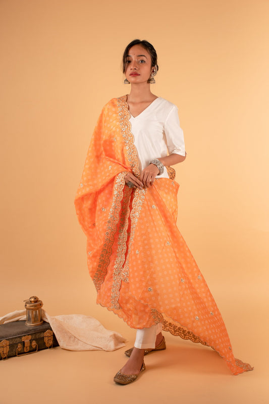 Marigold Orange Bandhani Print Organza Dupatta