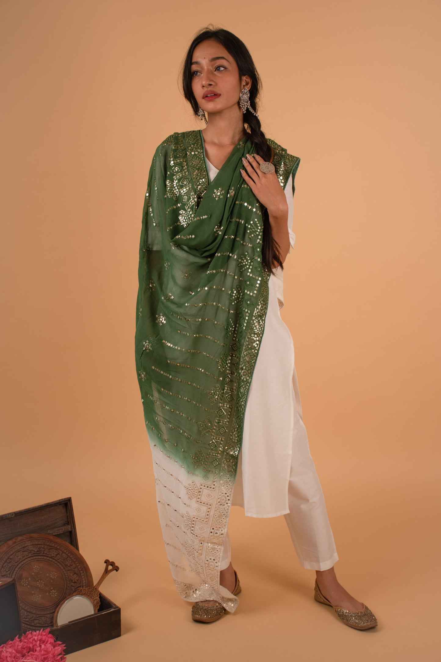 Green Ombre Georgette Dupatta with Sequins