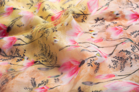 Yellow and Peach 3D Organza Fabric