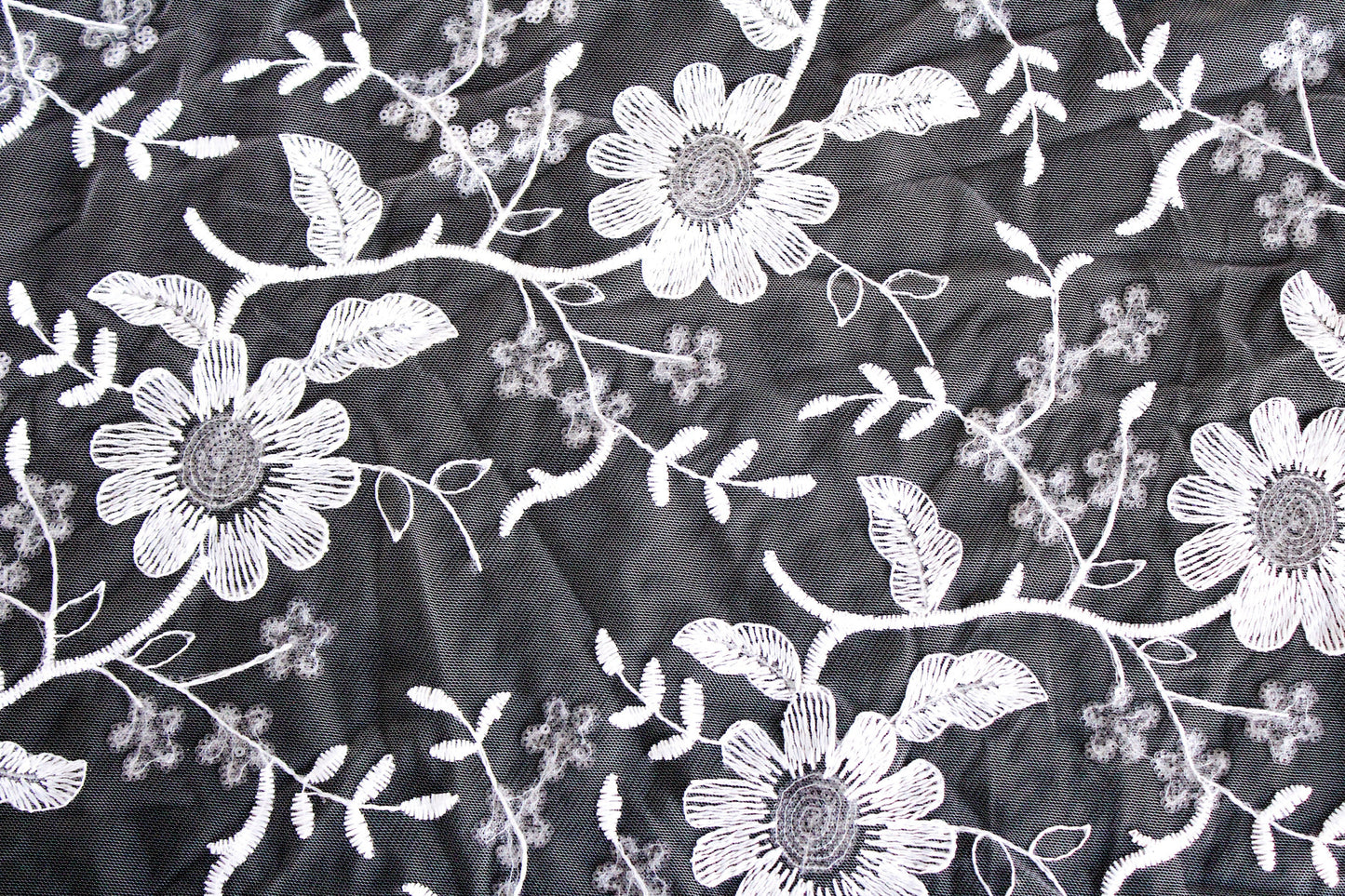 Off-White Net Fabric with Floral Embroidery