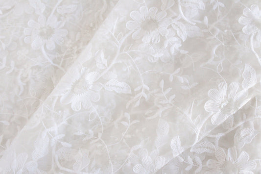 Off-White Net Fabric with Floral Embroidery