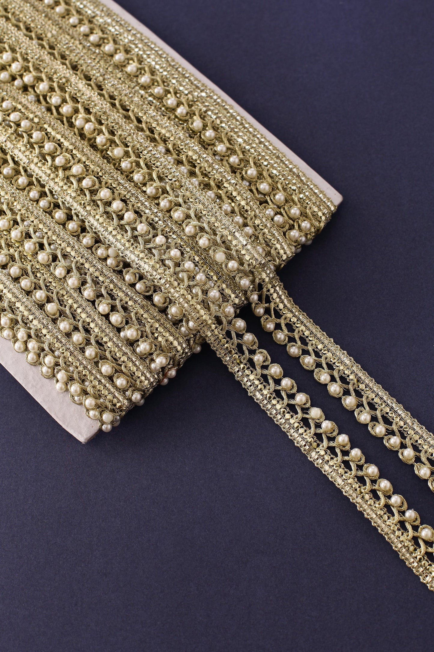 Pale Gold Zari Trim with Pearls (3 Mtrs)