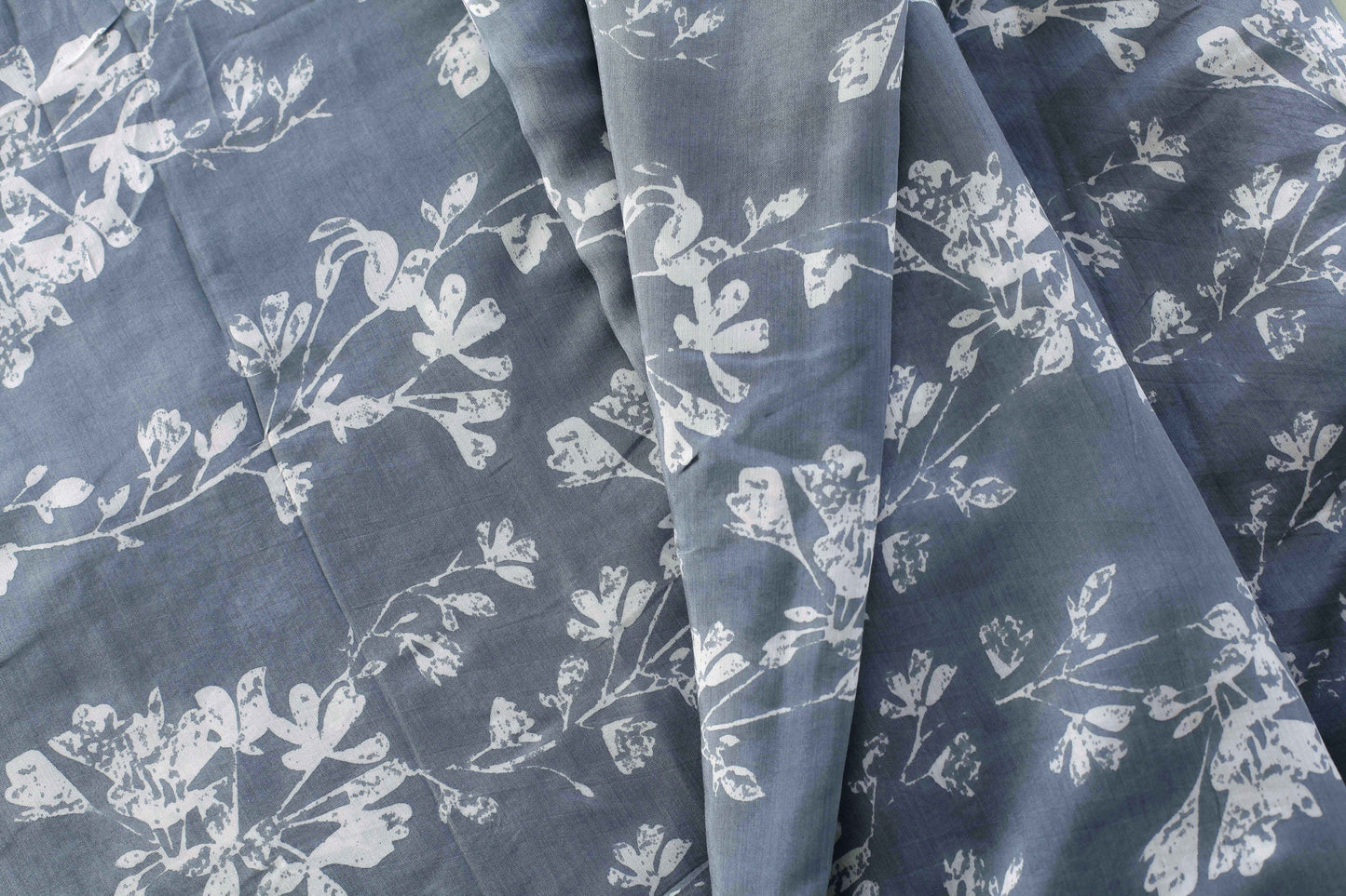 Grey and White Poly Silk Floral Fabric