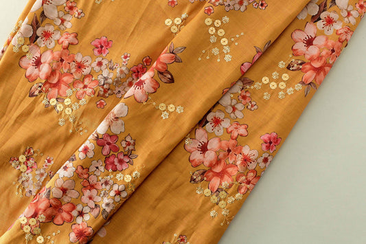 Mustard Yellow Embroidered Poly Silk Fabric with Sequins