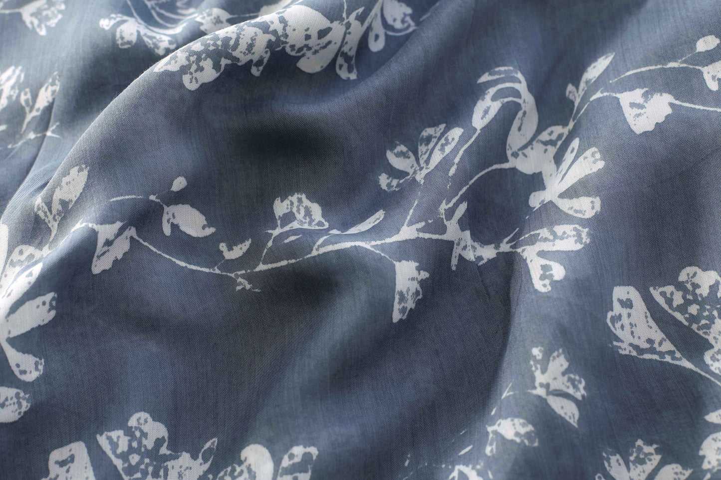 Grey and White Poly Silk Floral Fabric