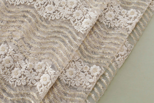 White Embroidered Net Fabric with Gold Sequins