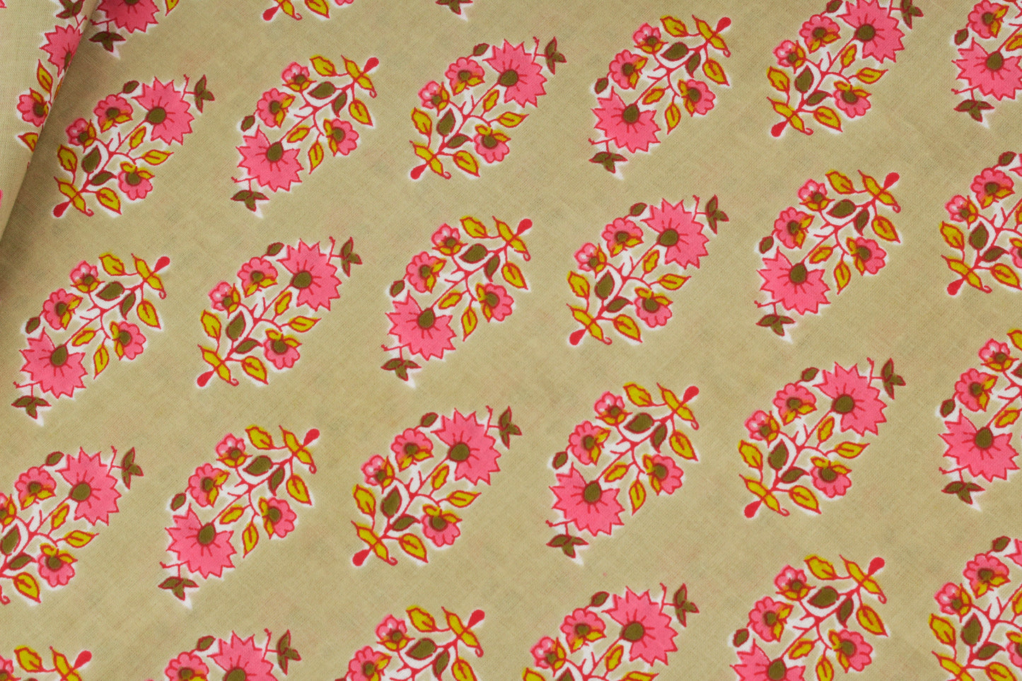 Green and Pink Screen Print Floral Fabric