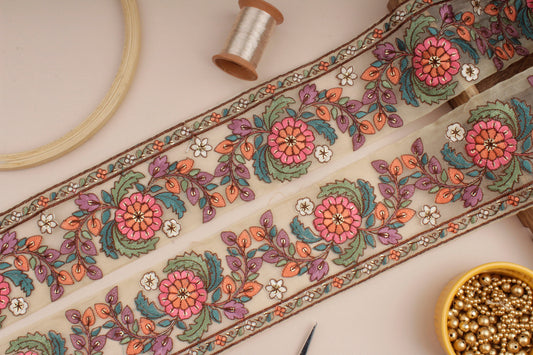 Beige Embroidered Floral Organza Trim (1 Mtr)