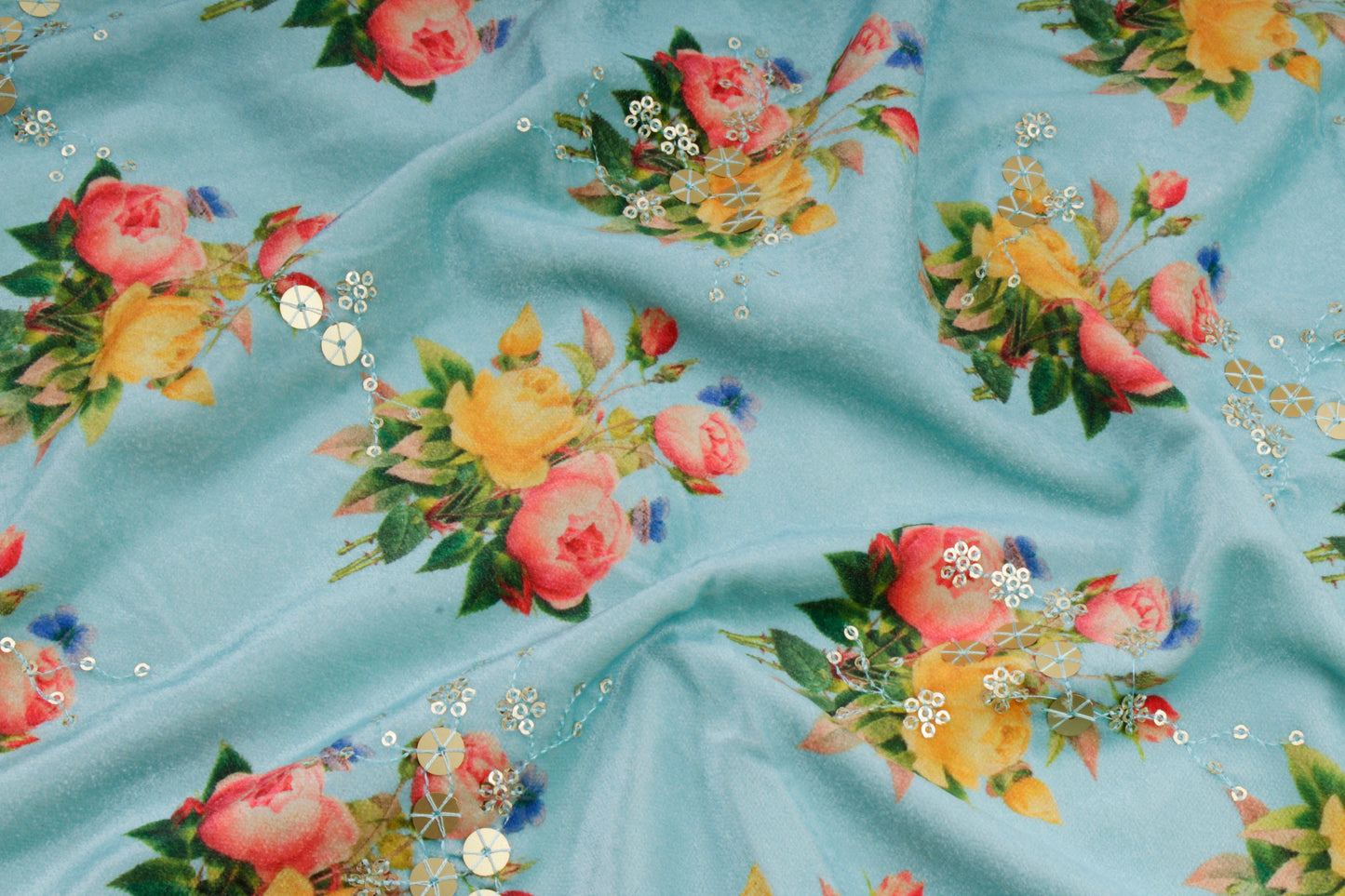 Mint Blue Embroidered Velvet Fabric with Sequins