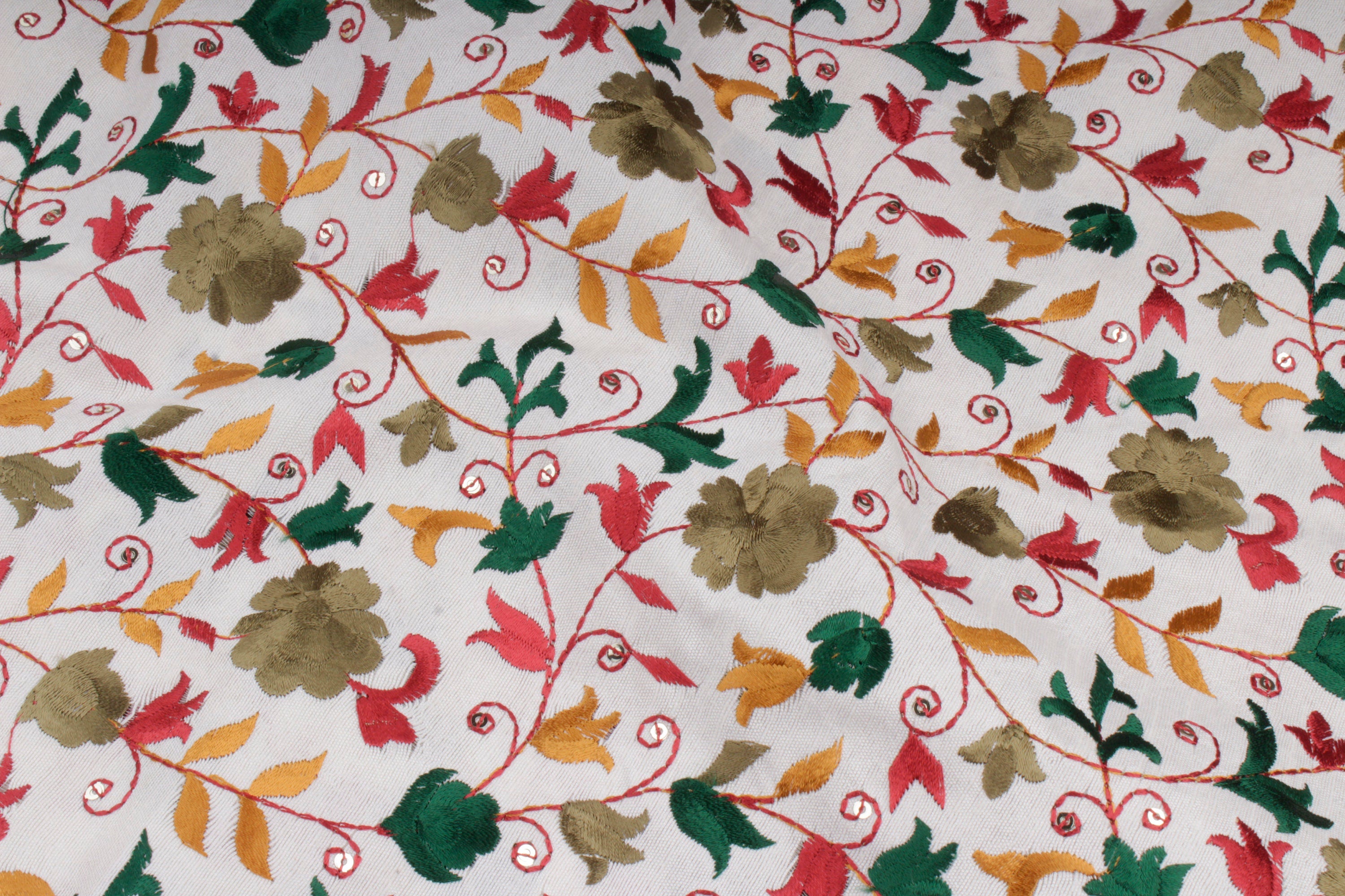White Embroidered Floral Dupioni Fabric